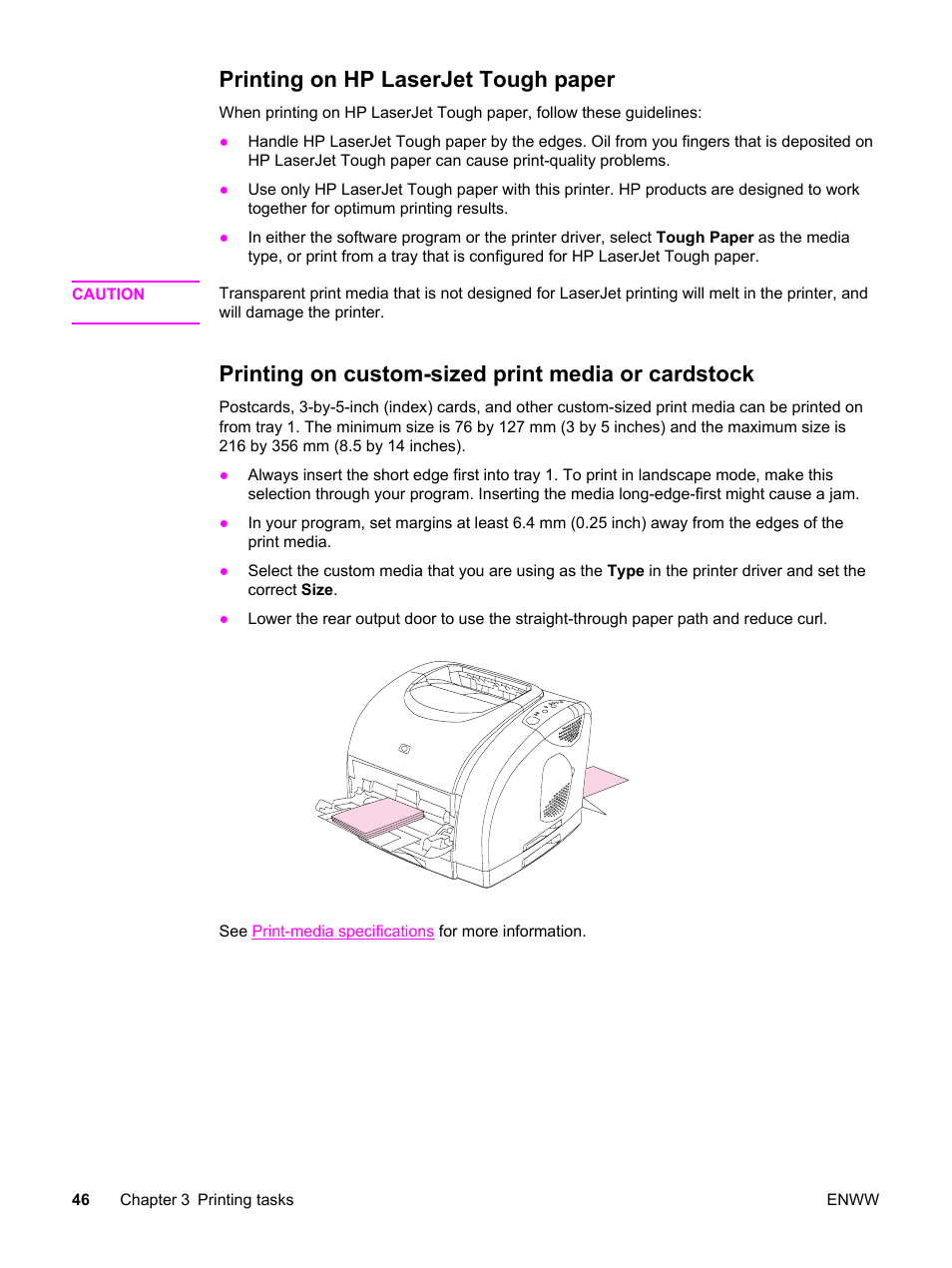 Printing on hp laserjet tough paper, Printing on custom-sized print media or cardstock | HP Color LaserJet 2550 Printer series User Manual | Page 56 / 176