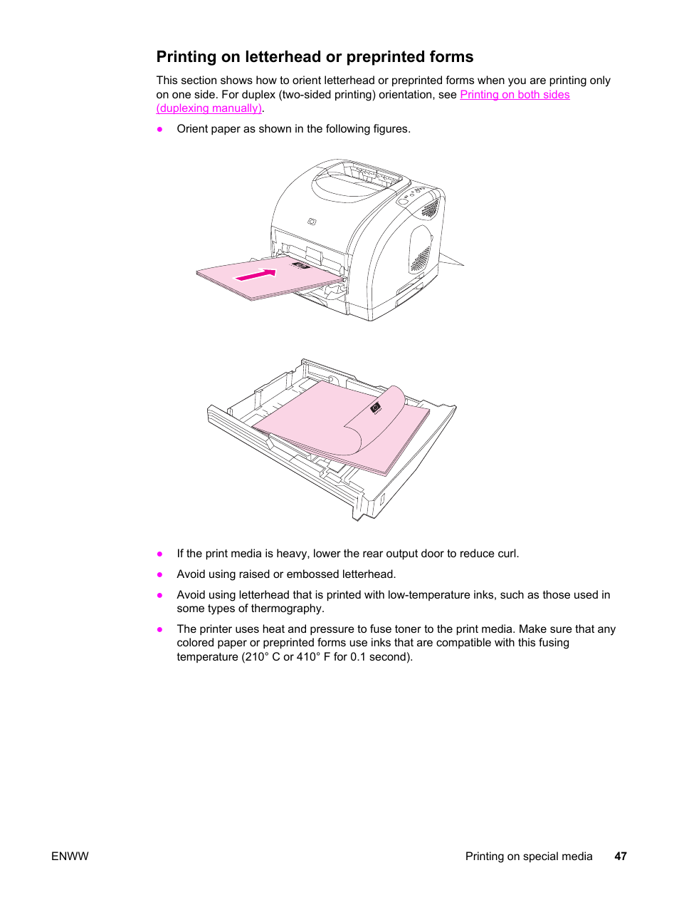 Printing on letterhead or preprinted forms, Printing on, Letterhead or preprinted forms | HP Color LaserJet 2550 Printer series User Manual | Page 57 / 176