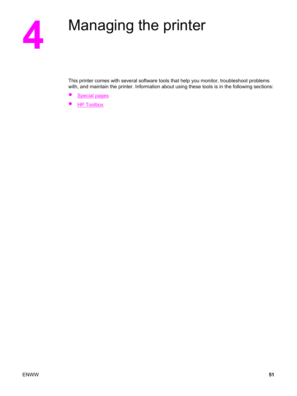 Managing the printer, 4 managing the printer | HP Color LaserJet 2550 Printer series User Manual | Page 61 / 176