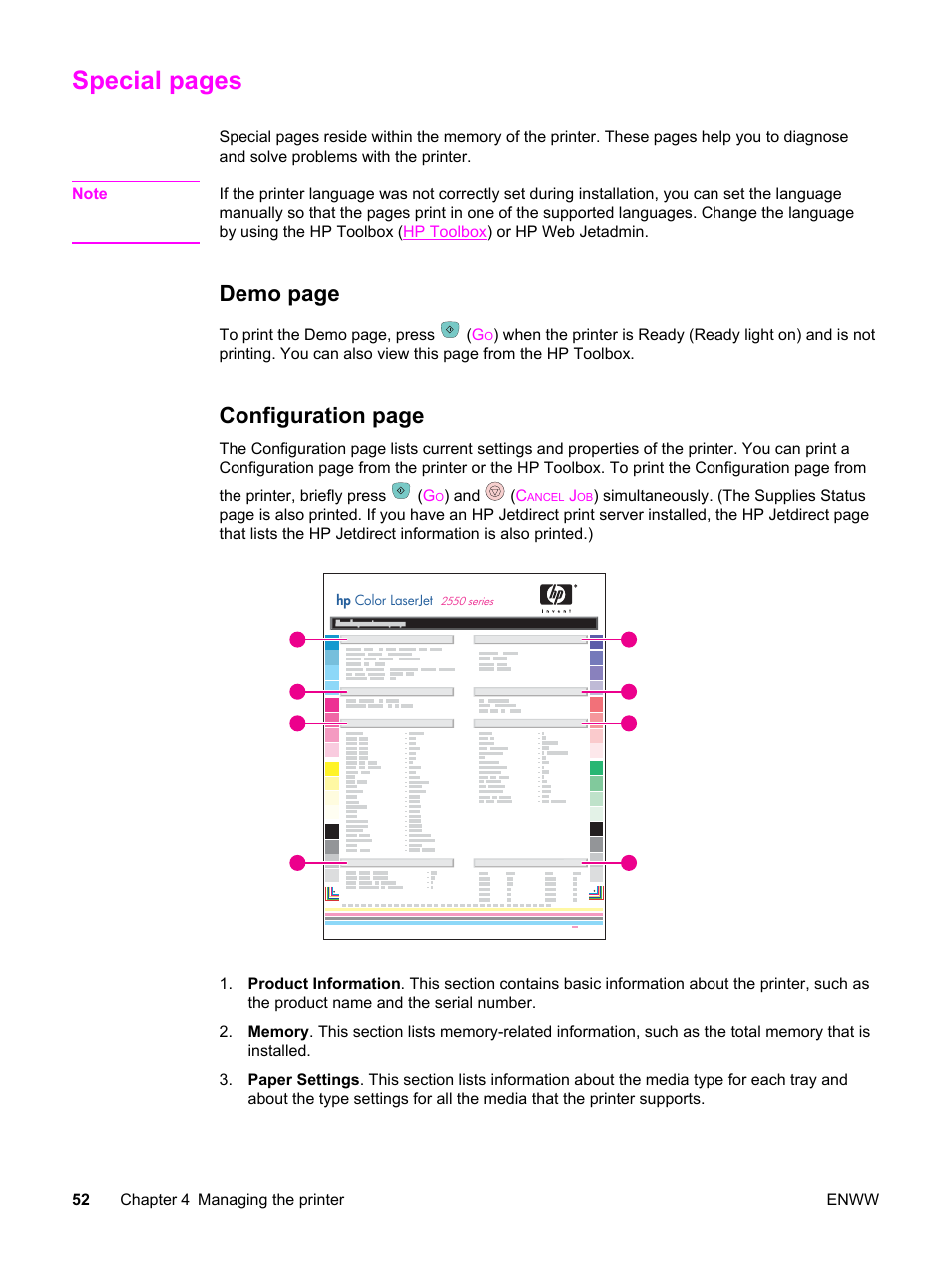 Special pages, Demo page, Configuration page | HP Color LaserJet 2550 Printer series User Manual | Page 62 / 176