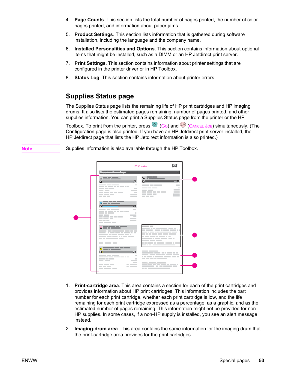 Supplies status page | HP Color LaserJet 2550 Printer series User Manual | Page 63 / 176