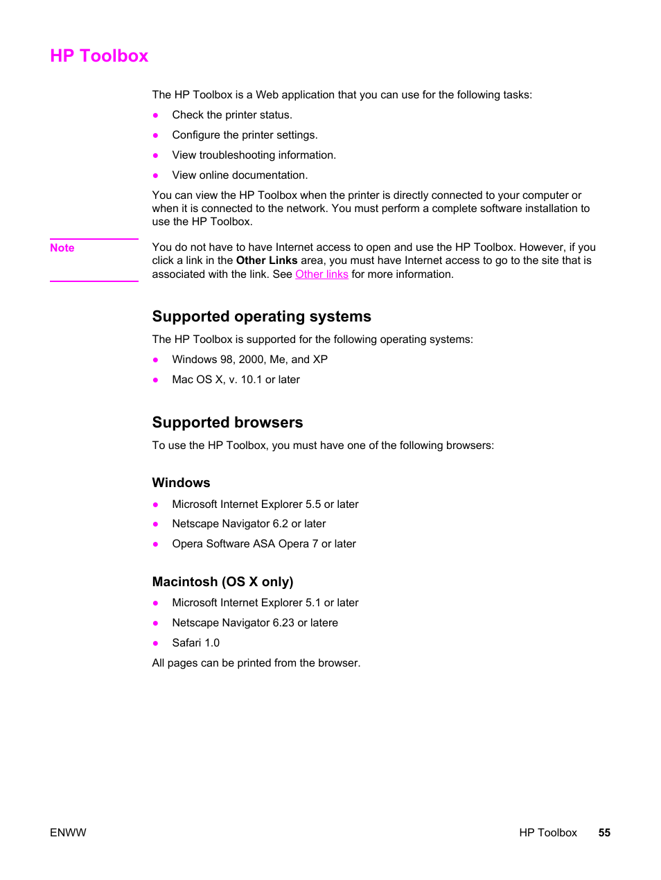 Hp toolbox, Supported operating systems, Supported browsers | Supported operating systems supported browsers | HP Color LaserJet 2550 Printer series User Manual | Page 65 / 176