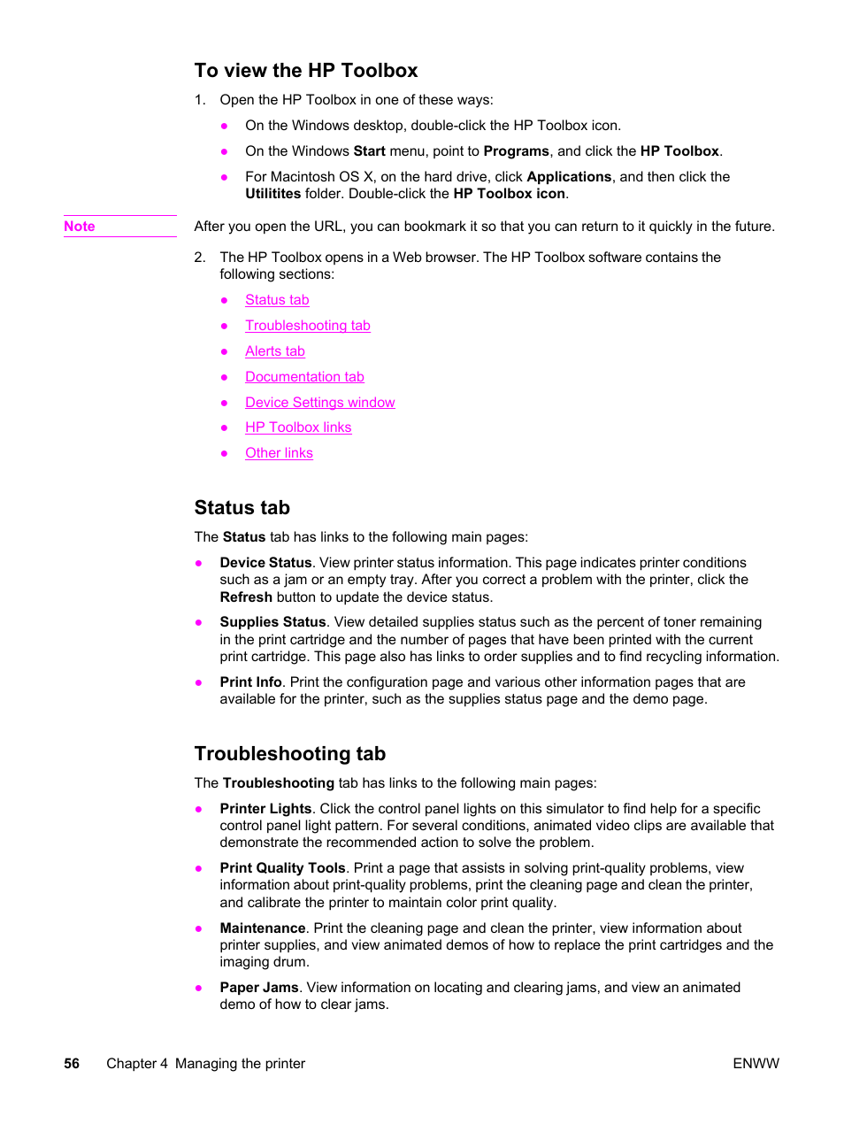 To view the hp toolbox, Status tab, Troubleshooting tab | HP Color LaserJet 2550 Printer series User Manual | Page 66 / 176