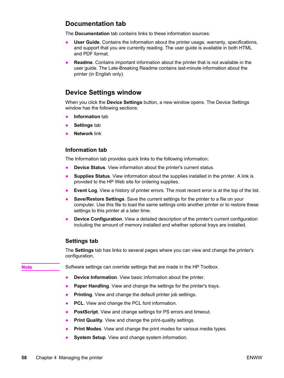 Documentation tab, Device settings window, Documentation tab device settings window | HP Color LaserJet 2550 Printer series User Manual | Page 68 / 176
