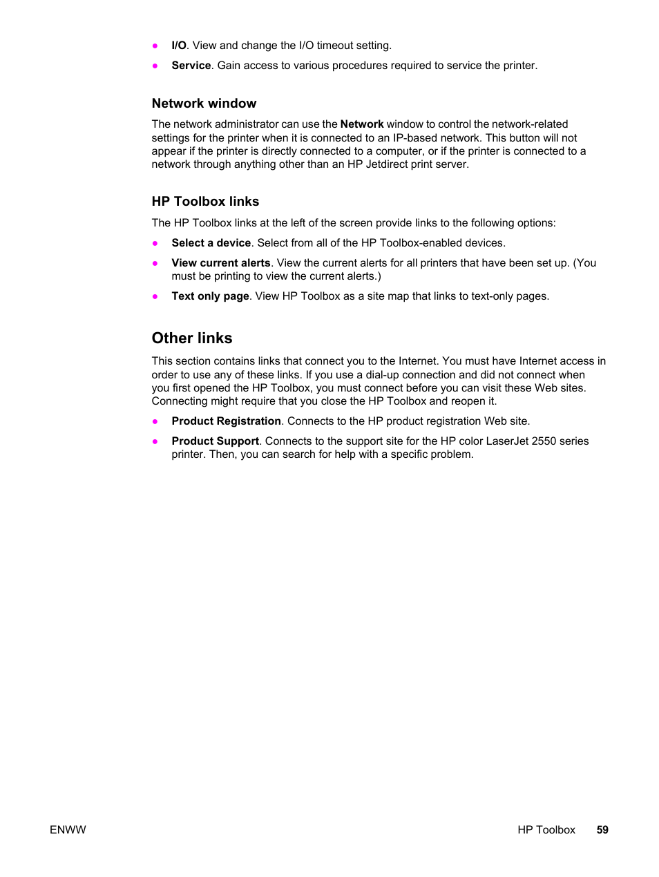 Other links, Hp toolbox links | HP Color LaserJet 2550 Printer series User Manual | Page 69 / 176