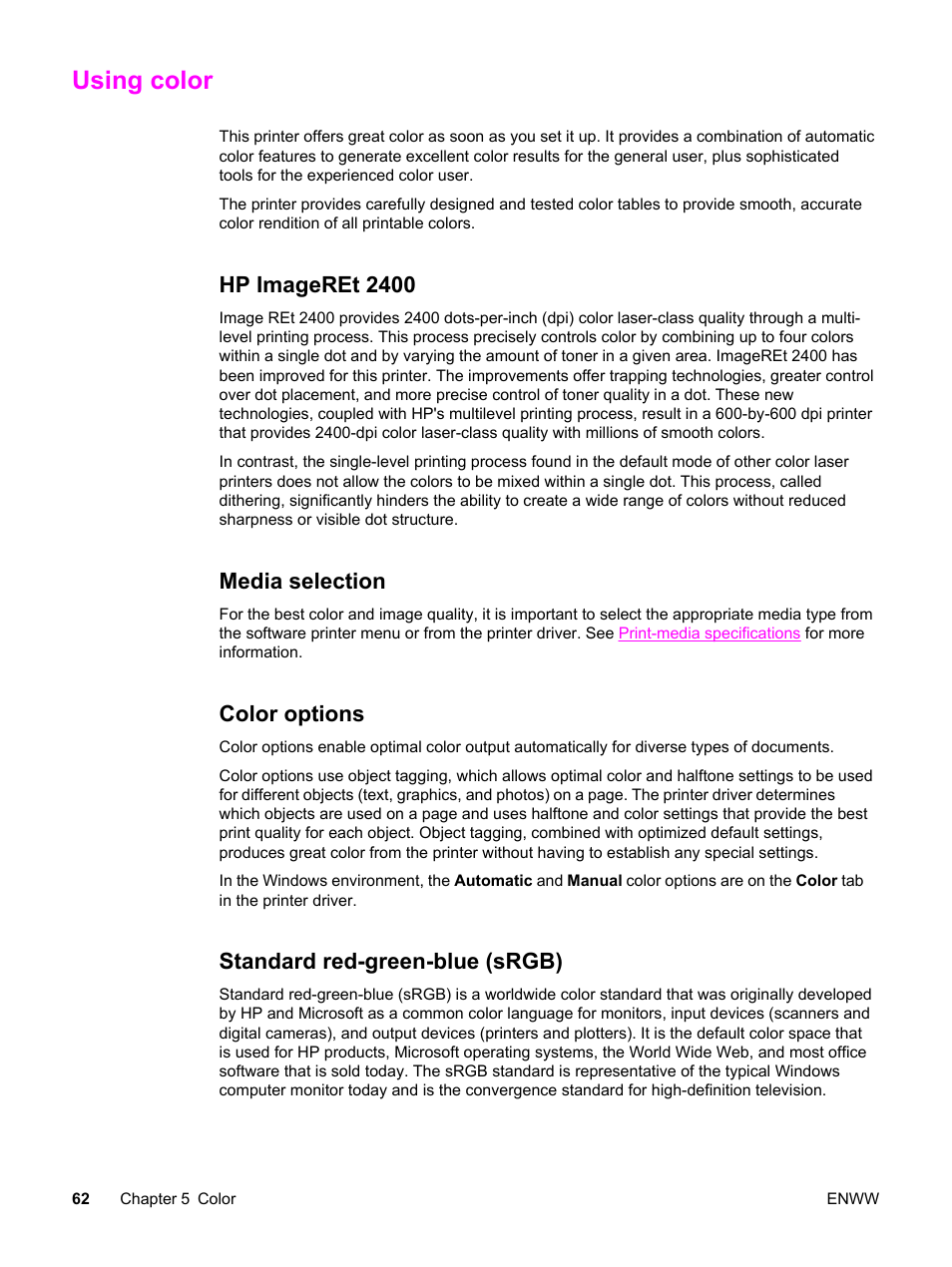 Using color, Hp imageret 2400, Media selection | Color options, Standard red-green-blue (srgb) | HP Color LaserJet 2550 Printer series User Manual | Page 72 / 176