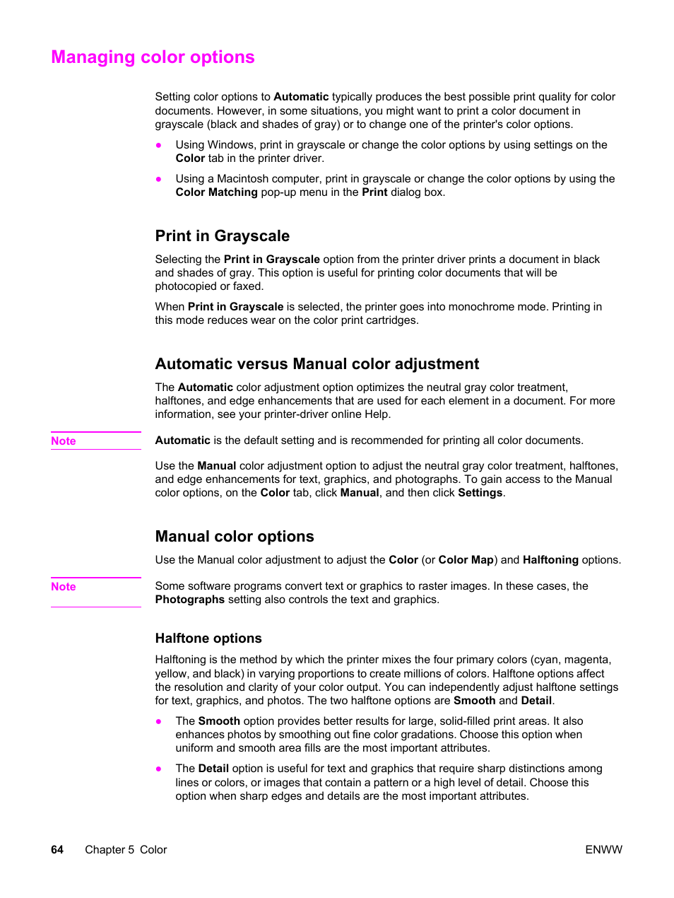 Managing color options, Print in grayscale, Automatic versus manual color adjustment | Manual color options | HP Color LaserJet 2550 Printer series User Manual | Page 74 / 176