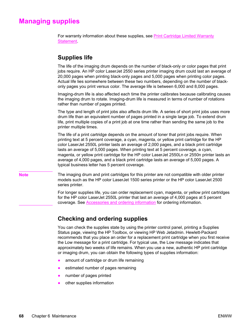 Managing supplies, Supplies life, Checking and ordering supplies | Supplies life checking and ordering supplies | HP Color LaserJet 2550 Printer series User Manual | Page 78 / 176