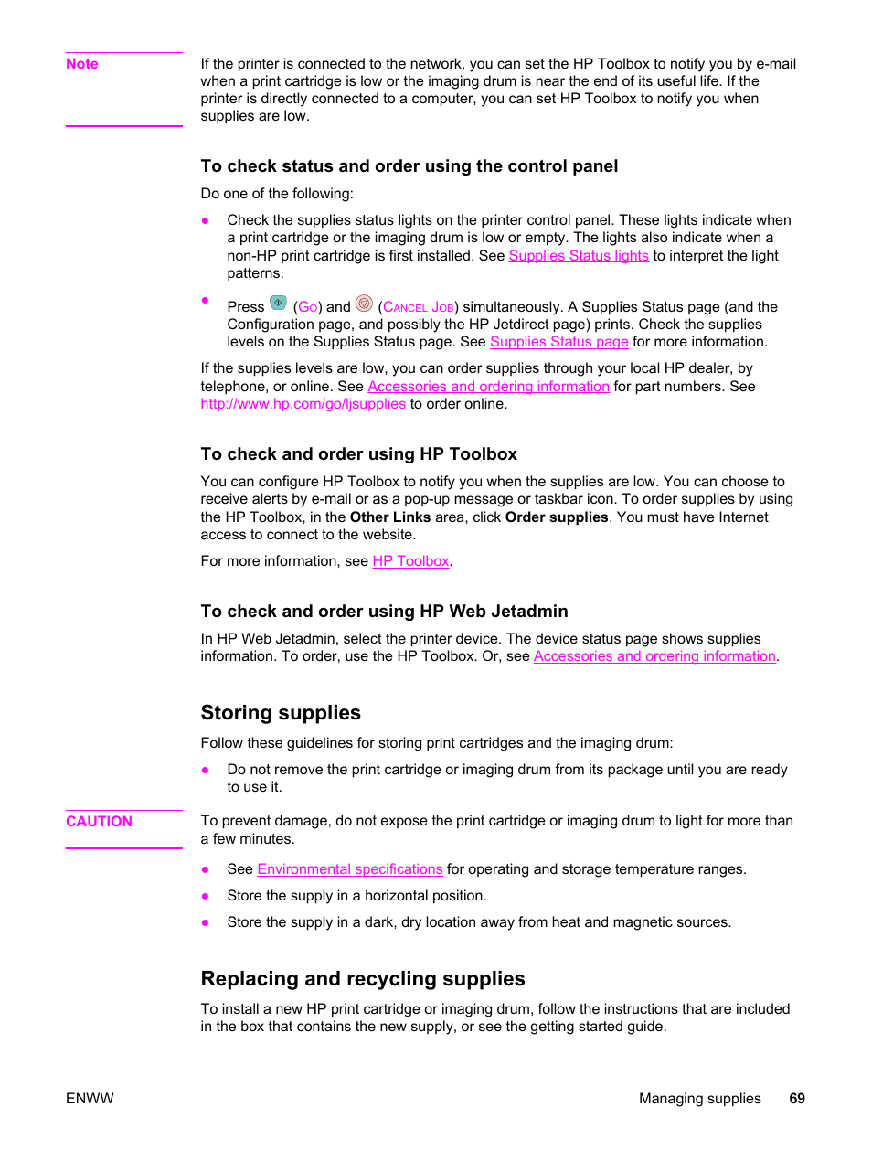 Storing supplies, Replacing and recycling supplies, Storing supplies replacing and recycling supplies | HP Color LaserJet 2550 Printer series User Manual | Page 79 / 176