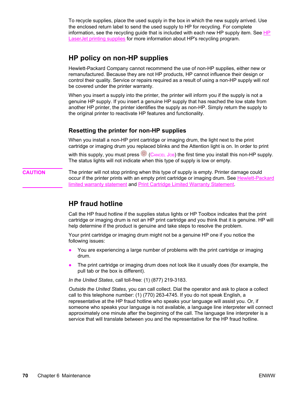 Hp policy on non-hp supplies, Hp fraud hotline, Hp policy on non-hp supplies hp fraud hotline | HP Color LaserJet 2550 Printer series User Manual | Page 80 / 176