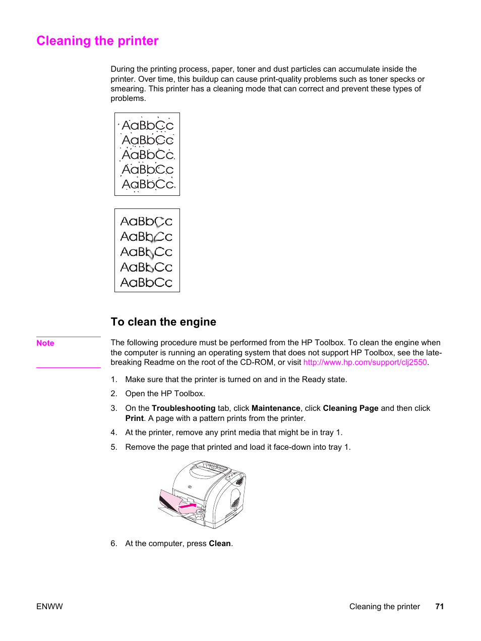 Cleaning the printer, To clean the engine | HP Color LaserJet 2550 Printer series User Manual | Page 81 / 176