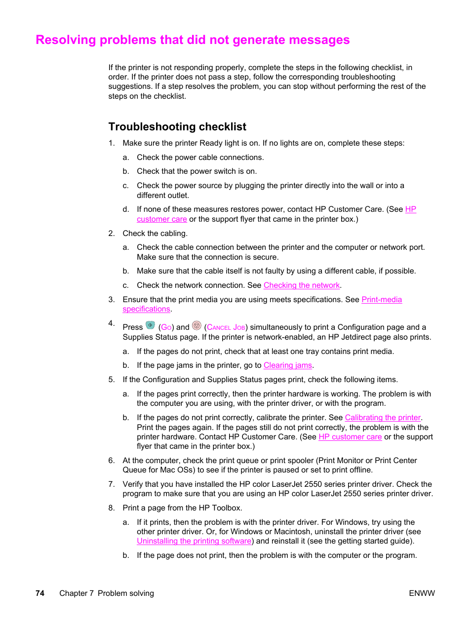 Resolving problems that did not generate messages, Troubleshooting checklist | HP Color LaserJet 2550 Printer series User Manual | Page 84 / 176