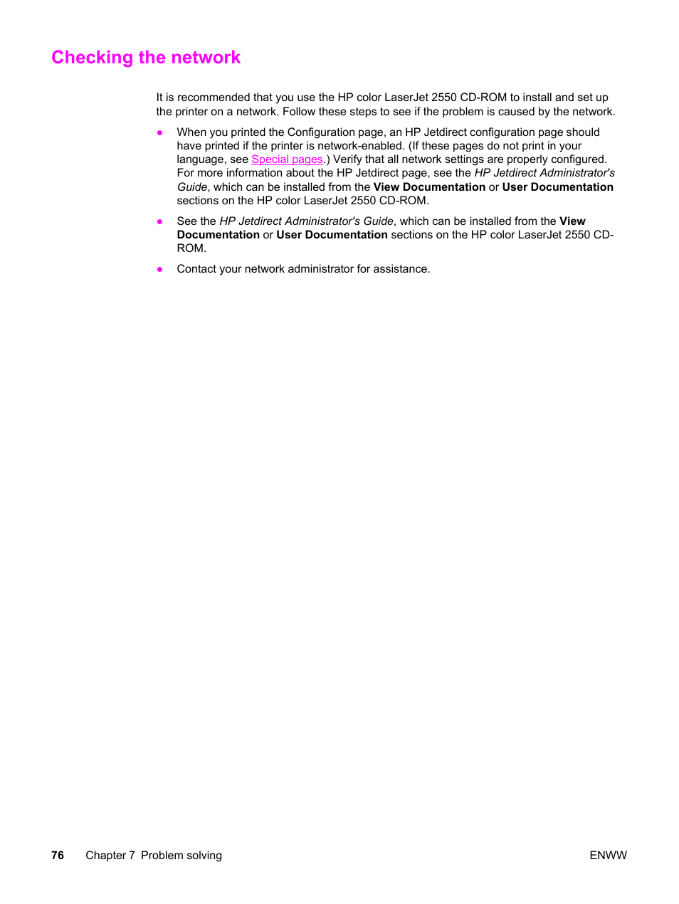 Checking the network | HP Color LaserJet 2550 Printer series User Manual | Page 86 / 176
