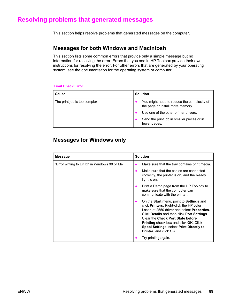 Resolving problems that generated messages, Messages for both windows and macintosh, Messages for windows only | HP Color LaserJet 2550 Printer series User Manual | Page 99 / 176