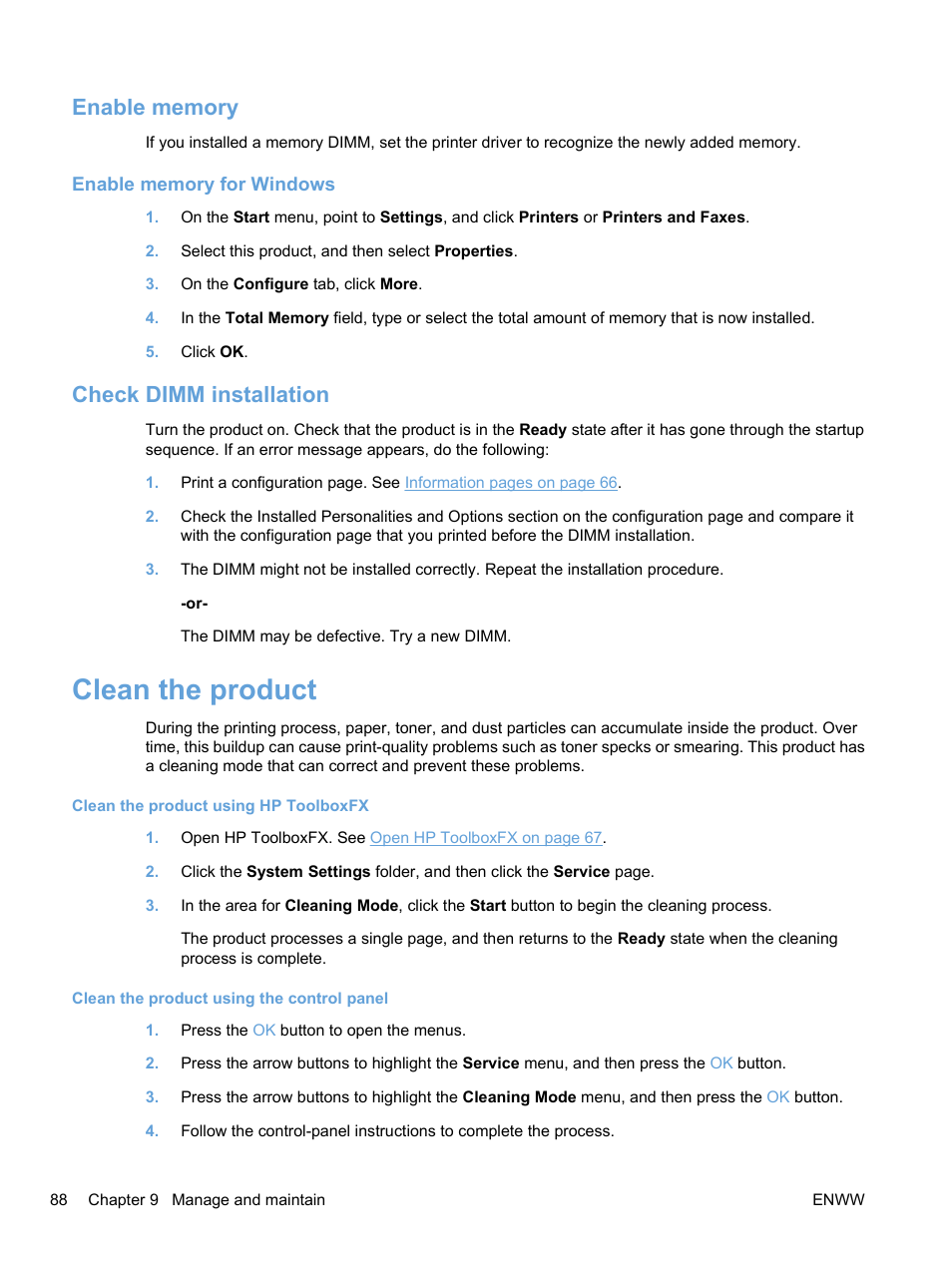 Enable memory, Enable memory for windows, Check dimm installation | Clean the product | HP Color LaserJet Professional CP5225 Printer series User Manual | Page 100 / 168