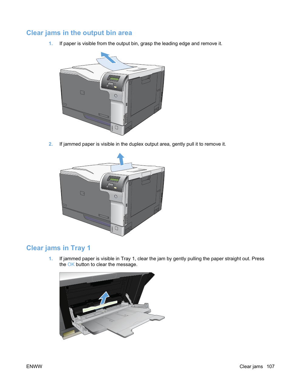 Clear jams in the output bin area, Clear jams in tray 1 | HP Color LaserJet Professional CP5225 Printer series User Manual | Page 119 / 168