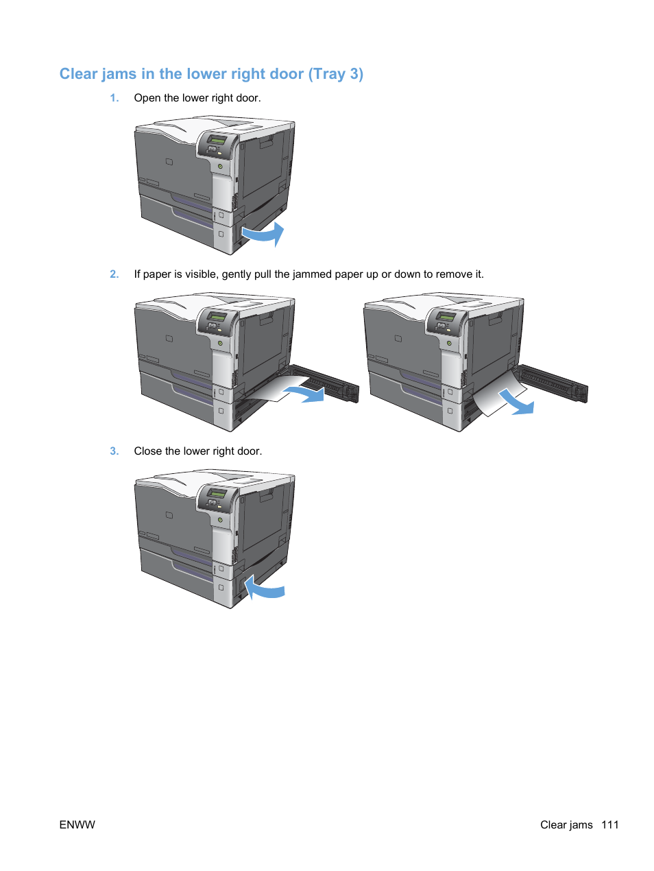 Clear jams in the lower right door (tray 3) | HP Color LaserJet Professional CP5225 Printer series User Manual | Page 123 / 168