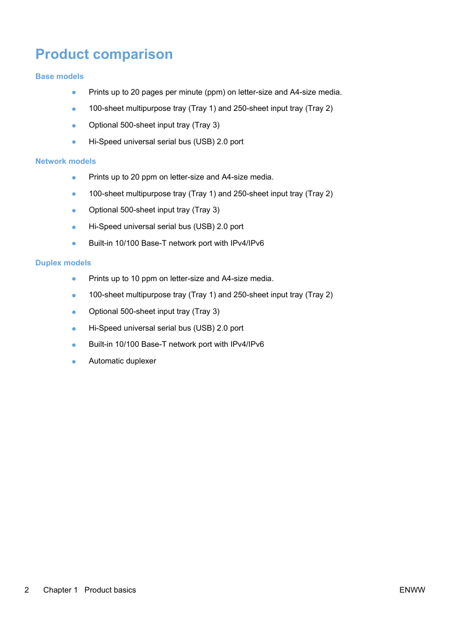 Product comparison | HP Color LaserJet Professional CP5225 Printer series User Manual | Page 14 / 168