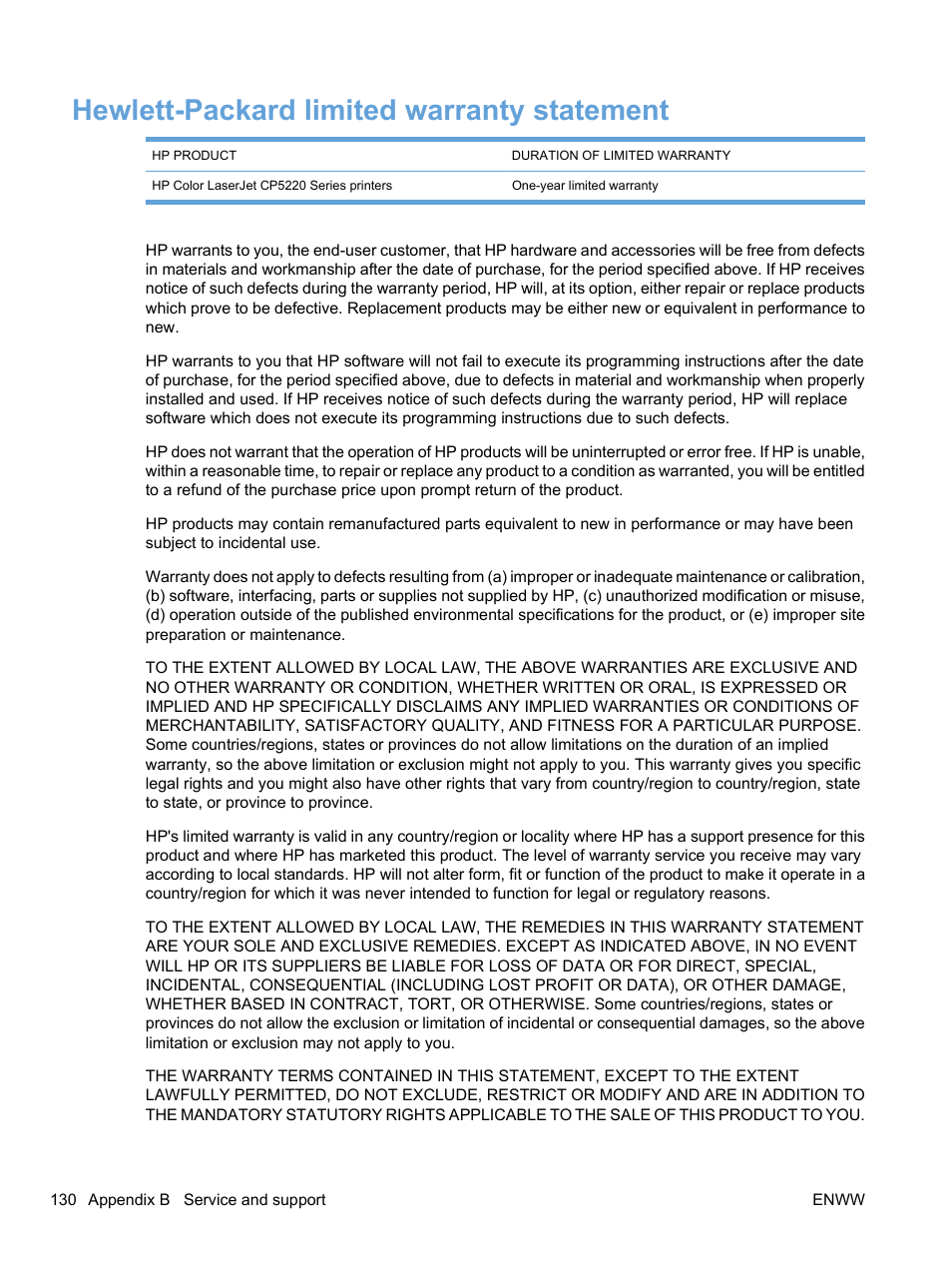 Hewlett-packard limited warranty statement | HP Color LaserJet Professional CP5225 Printer series User Manual | Page 142 / 168