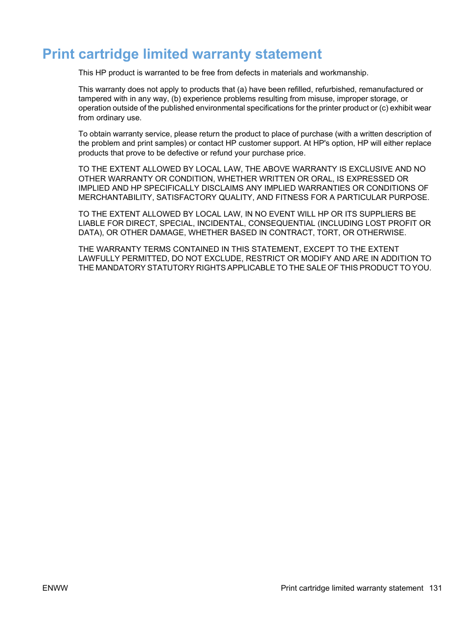 Print cartridge limited warranty statement | HP Color LaserJet Professional CP5225 Printer series User Manual | Page 143 / 168