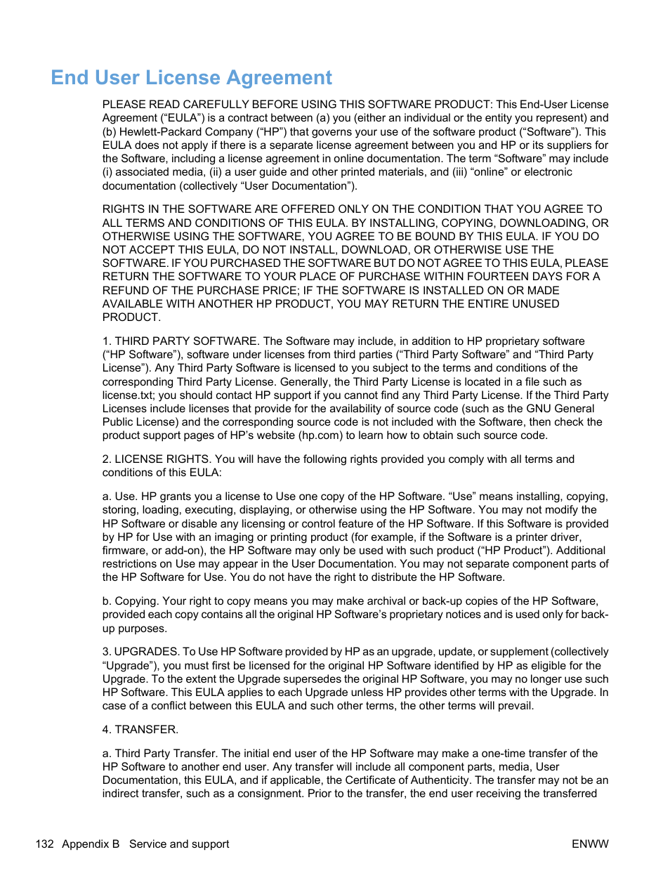 End user license agreement | HP Color LaserJet Professional CP5225 Printer series User Manual | Page 144 / 168