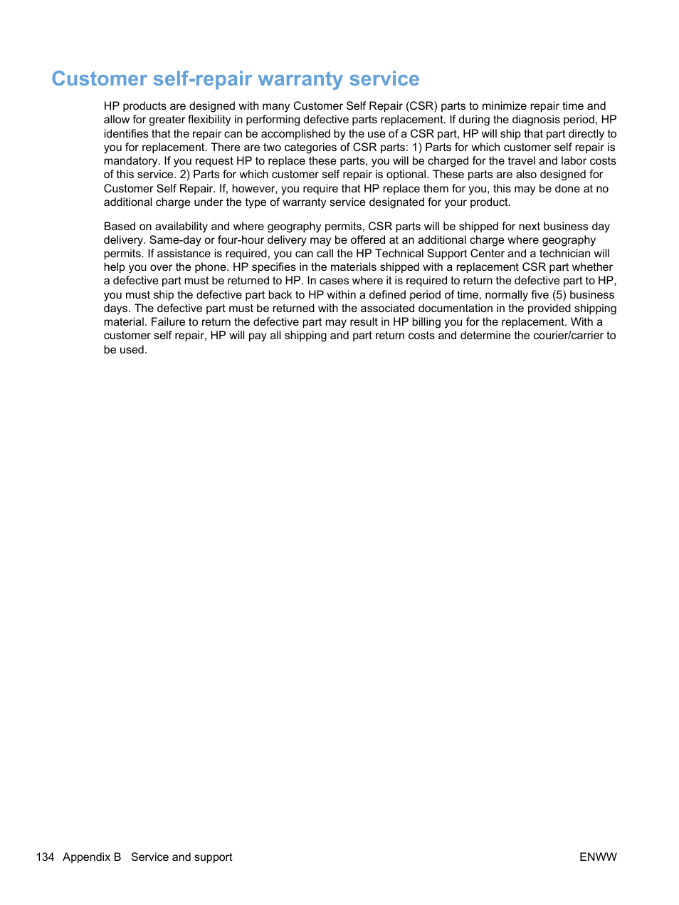 Customer self-repair warranty service | HP Color LaserJet Professional CP5225 Printer series User Manual | Page 146 / 168