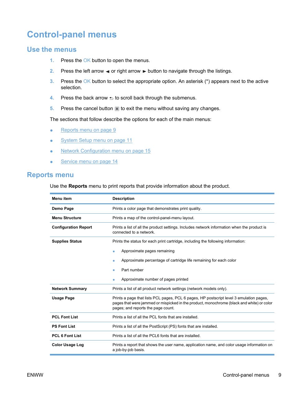 Control-panel menus, Use the menus, Reports menu | Use the menus reports menu | HP Color LaserJet Professional CP5225 Printer series User Manual | Page 21 / 168