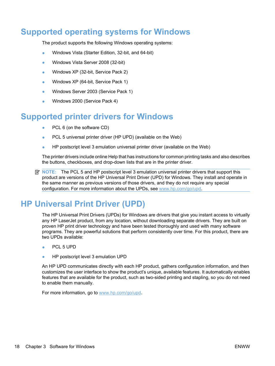Supported operating systems for windows, Supported printer drivers for windows, Hp universal print driver (upd) | HP Color LaserJet Professional CP5225 Printer series User Manual | Page 30 / 168
