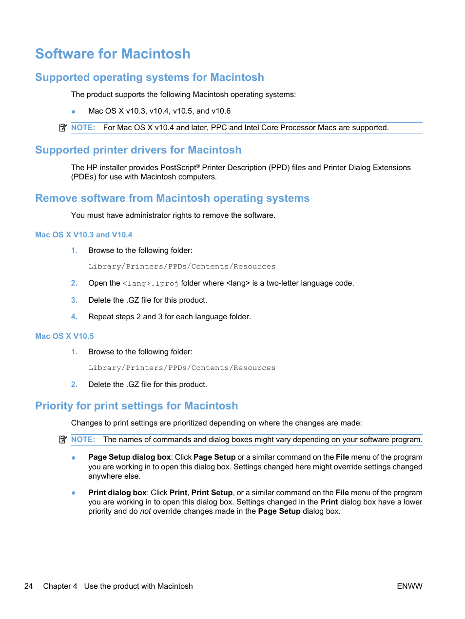 Software for macintosh, Supported operating systems for macintosh, Supported printer drivers for macintosh | Remove software from macintosh operating systems, Priority for print settings for macintosh | HP Color LaserJet Professional CP5225 Printer series User Manual | Page 36 / 168