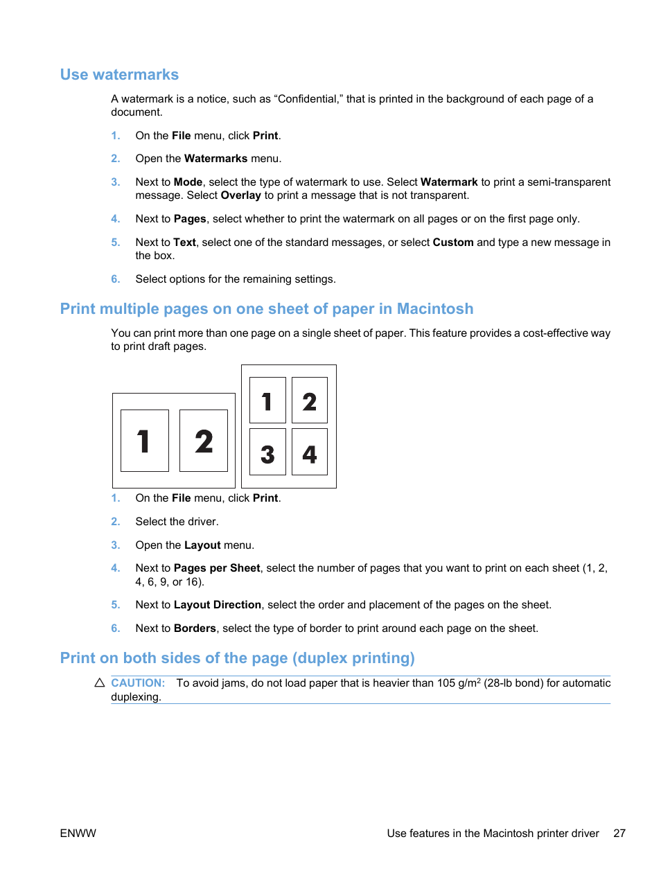 Use watermarks, Print on both sides of the page (duplex printing) | HP Color LaserJet Professional CP5225 Printer series User Manual | Page 39 / 168