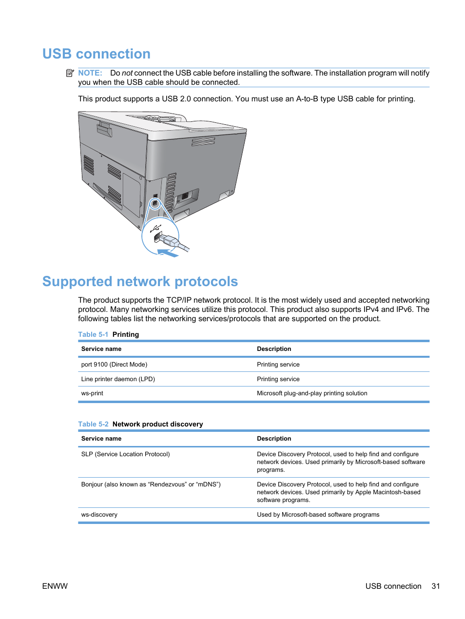 Usb connection, Supported network protocols, Usb connection supported network protocols | HP Color LaserJet Professional CP5225 Printer series User Manual | Page 43 / 168