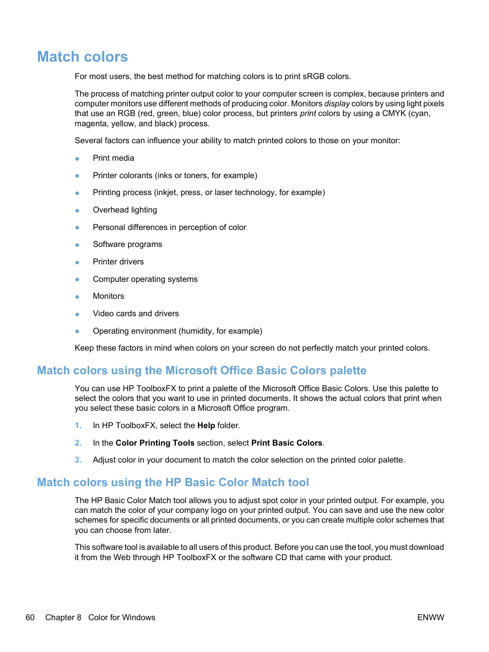 Match colors, Match colors using the hp basic color match tool | HP Color LaserJet Professional CP5225 Printer series User Manual | Page 72 / 168