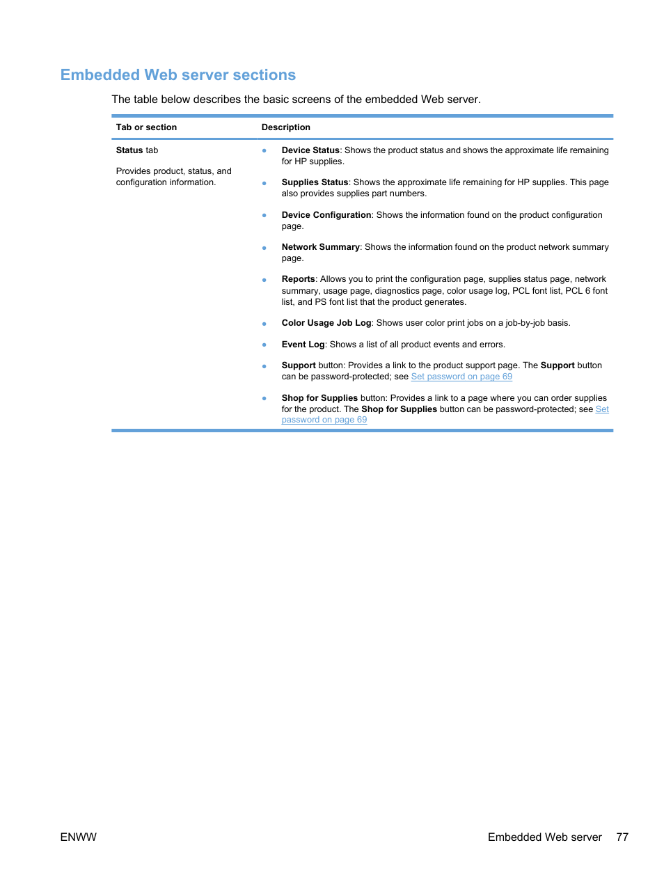 Embedded web server sections | HP Color LaserJet Professional CP5225 Printer series User Manual | Page 89 / 168