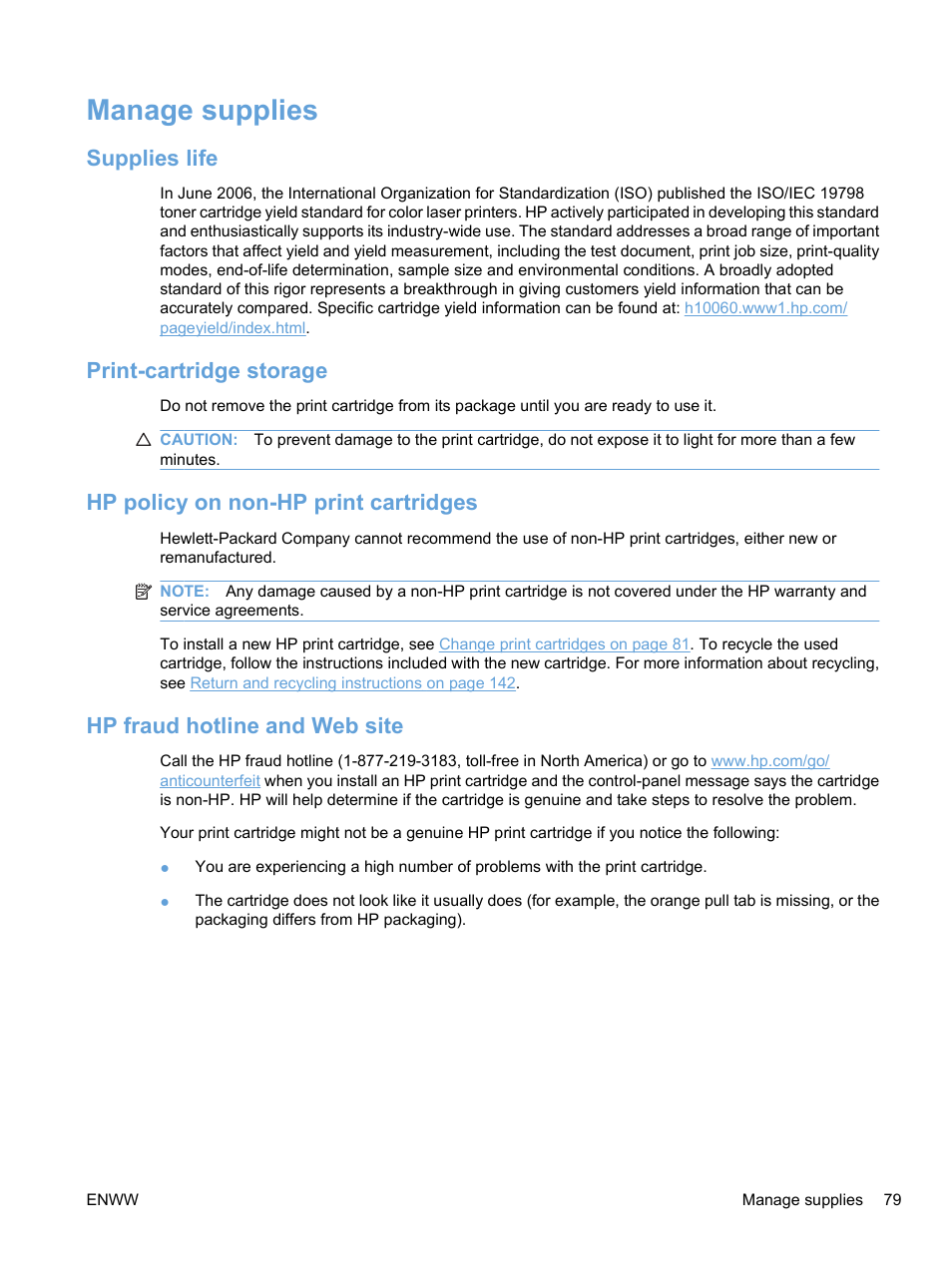 Manage supplies, Supplies life, Print-cartridge storage | Hp policy on non-hp print cartridges, Hp fraud hotline and web site | HP Color LaserJet Professional CP5225 Printer series User Manual | Page 91 / 168