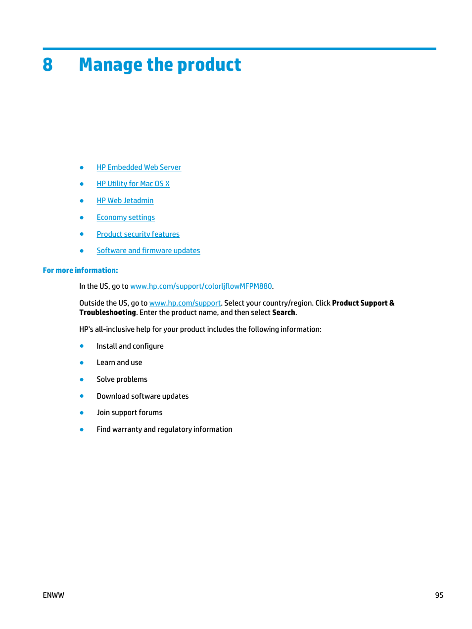 Manage the product, 8 manage the product, 8manage the product | HP Color LaserJet Enterprise flow M880 Multifunction Printer series User Manual | Page 105 / 202