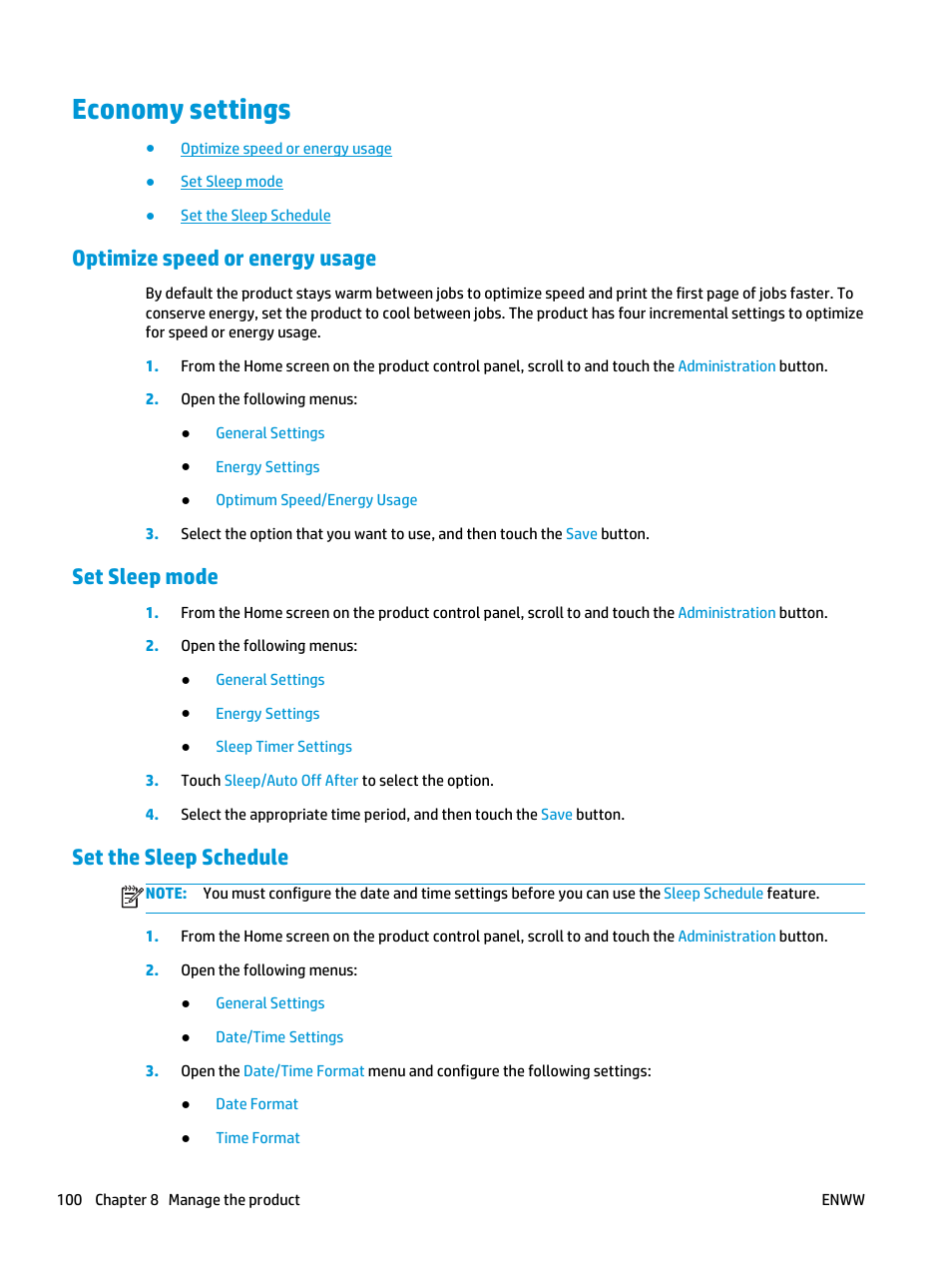 Economy settings, Optimize speed or energy usage, Set sleep mode | Set the sleep schedule | HP Color LaserJet Enterprise flow M880 Multifunction Printer series User Manual | Page 110 / 202