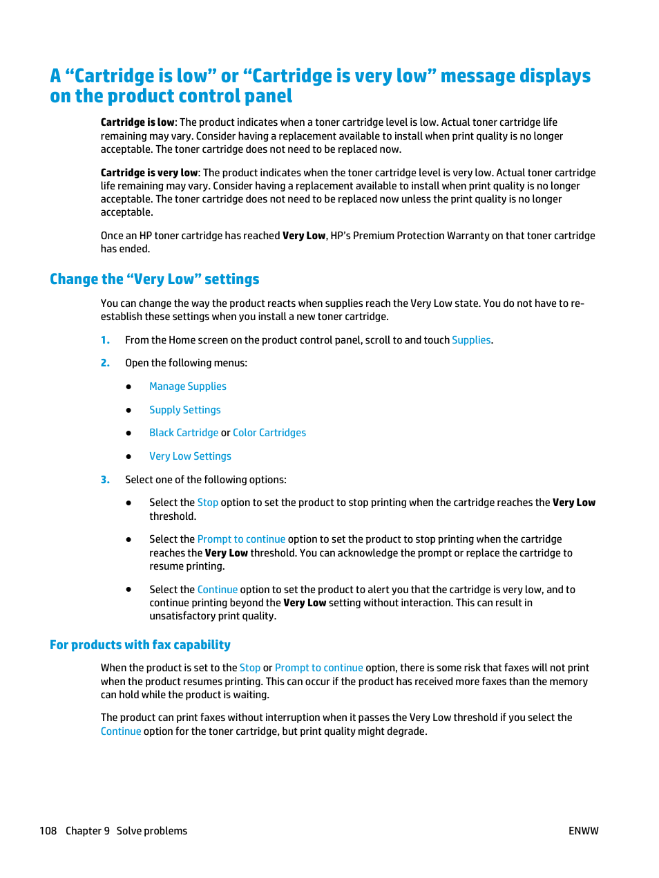Change the “very low” settings, For products with fax capability | HP Color LaserJet Enterprise flow M880 Multifunction Printer series User Manual | Page 118 / 202