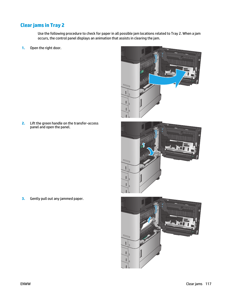 Clear jams in tray 2 | HP Color LaserJet Enterprise flow M880 Multifunction Printer series User Manual | Page 127 / 202