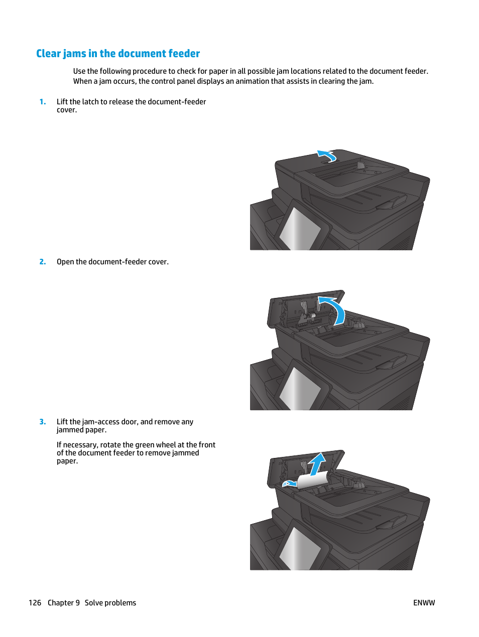 Clear jams in the document feeder | HP Color LaserJet Enterprise flow M880 Multifunction Printer series User Manual | Page 136 / 202