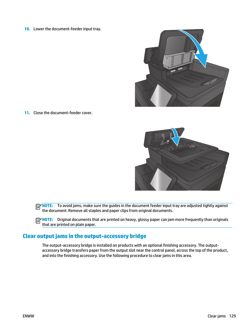 Clear output jams in the output-accessory bridge | HP Color LaserJet Enterprise flow M880 Multifunction Printer series User Manual | Page 139 / 202