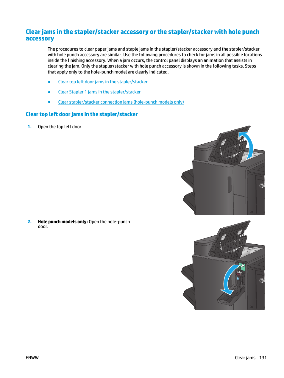 Clear top left door jams in the stapler/stacker | HP Color LaserJet Enterprise flow M880 Multifunction Printer series User Manual | Page 141 / 202