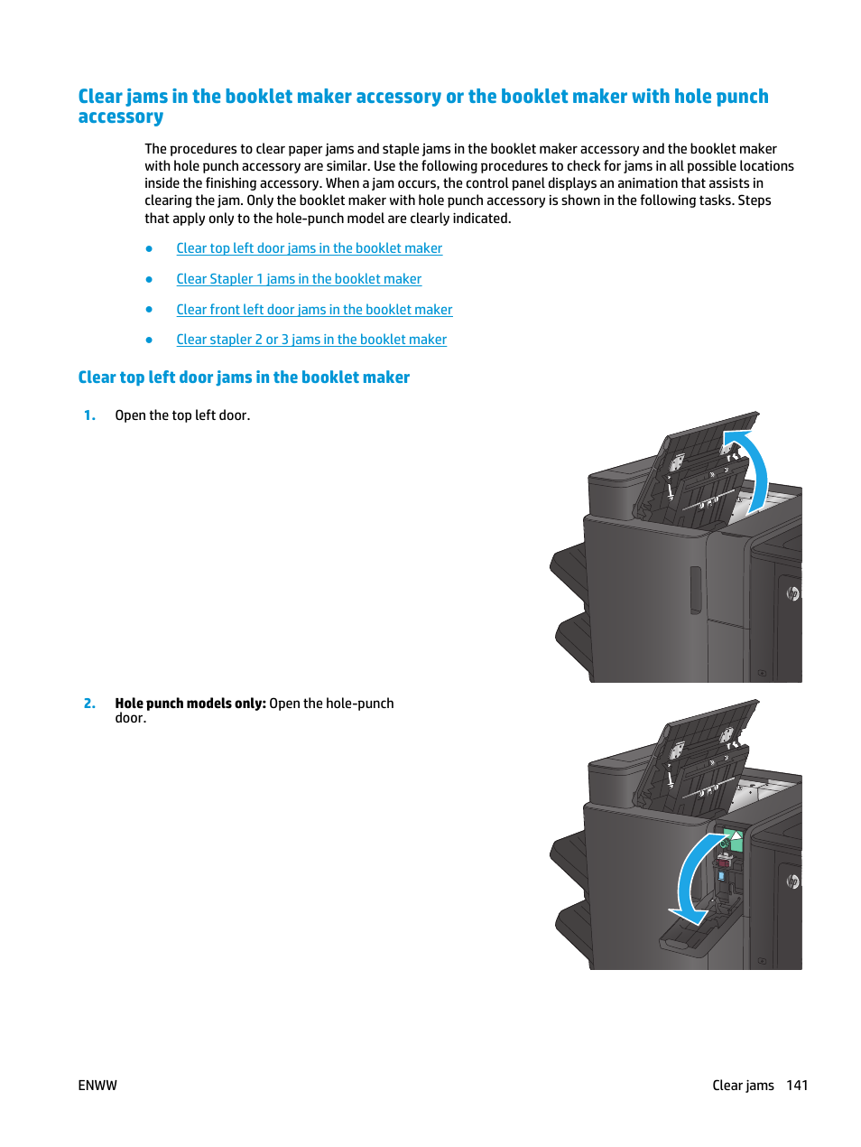Clear top left door jams in the booklet maker | HP Color LaserJet Enterprise flow M880 Multifunction Printer series User Manual | Page 151 / 202