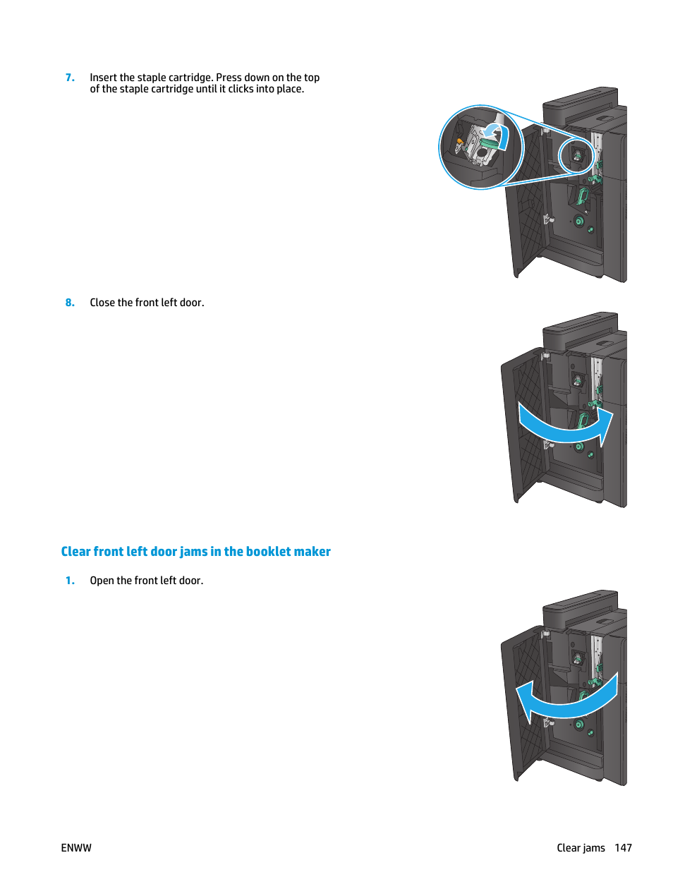 Clear front left door jams in the booklet maker | HP Color LaserJet Enterprise flow M880 Multifunction Printer series User Manual | Page 157 / 202