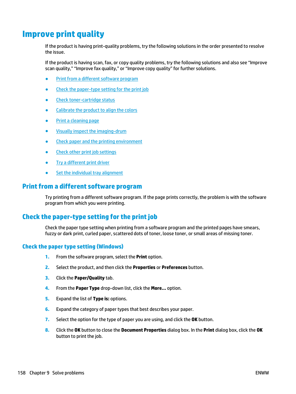 Improve print quality, Print from a different software program, Check the paper-type setting for the print job | Check the paper type setting (windows) | HP Color LaserJet Enterprise flow M880 Multifunction Printer series User Manual | Page 168 / 202