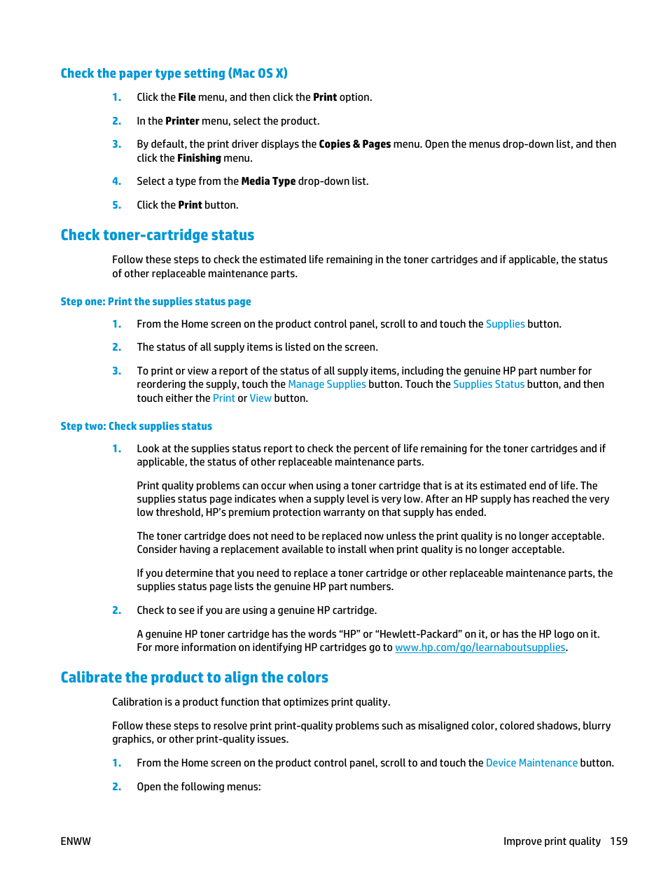 Check the paper type setting (mac os x), Check toner-cartridge status, Calibrate the product to align the colors | HP Color LaserJet Enterprise flow M880 Multifunction Printer series User Manual | Page 169 / 202