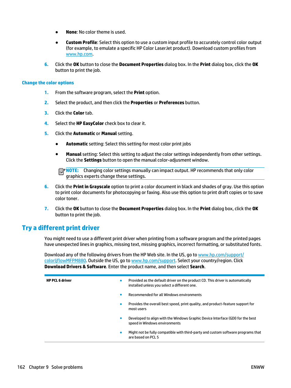 Try a different print driver | HP Color LaserJet Enterprise flow M880 Multifunction Printer series User Manual | Page 172 / 202