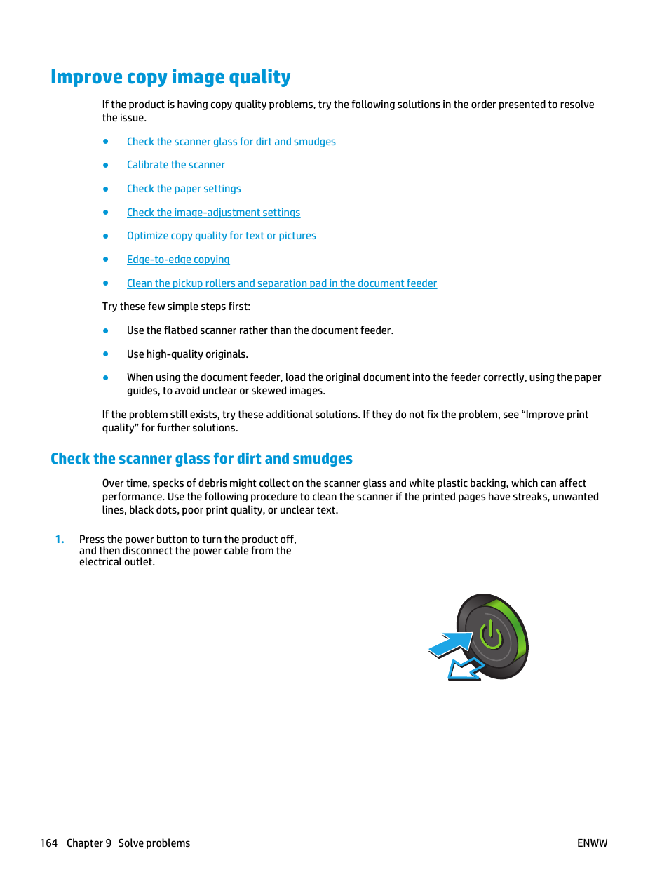 Improve copy image quality, Check the scanner glass for dirt and smudges | HP Color LaserJet Enterprise flow M880 Multifunction Printer series User Manual | Page 174 / 202