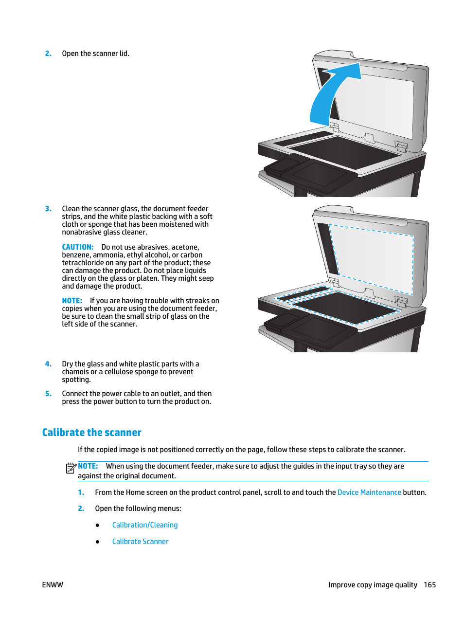 Calibrate the scanner | HP Color LaserJet Enterprise flow M880 Multifunction Printer series User Manual | Page 175 / 202