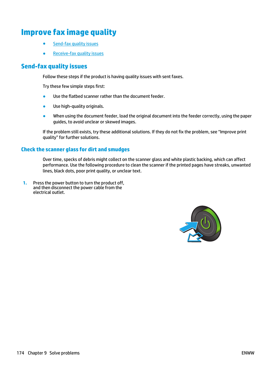 Improve fax image quality, Send-fax quality issues, Check the scanner glass for dirt and smudges | HP Color LaserJet Enterprise flow M880 Multifunction Printer series User Manual | Page 184 / 202