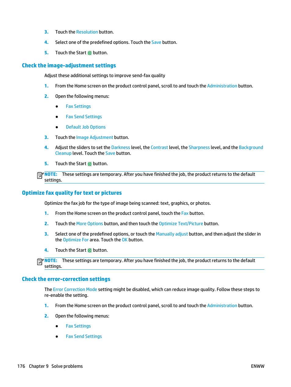 Check the image-adjustment settings, Optimize fax quality for text or pictures, Check the error-correction settings | HP Color LaserJet Enterprise flow M880 Multifunction Printer series User Manual | Page 186 / 202